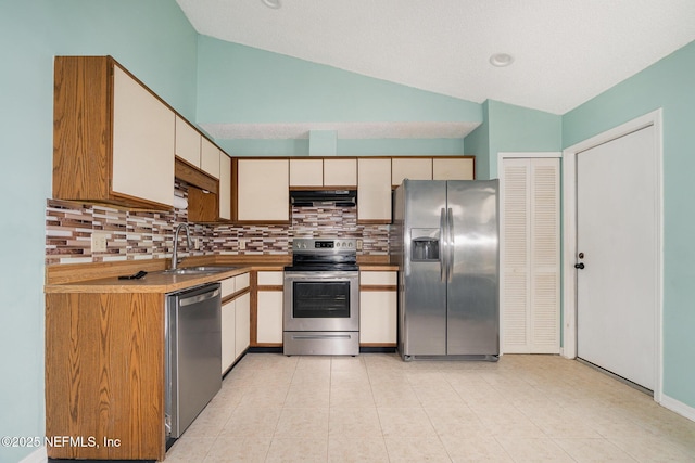 kitchen featuring lofted ceiling, stainless steel appliances, ventilation hood, and sink