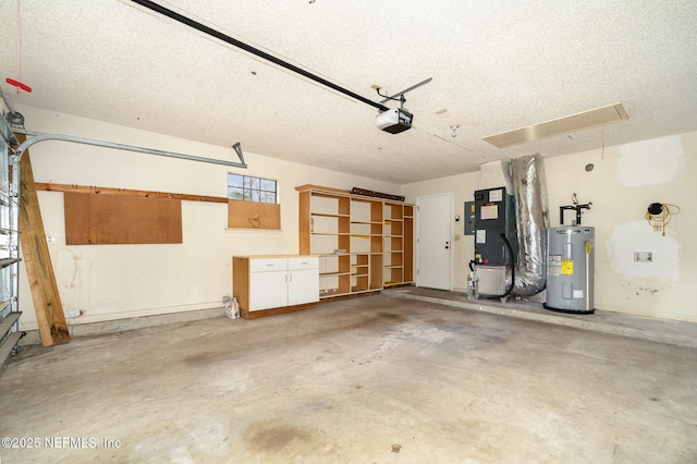 garage with a garage door opener, electric water heater, and heating unit