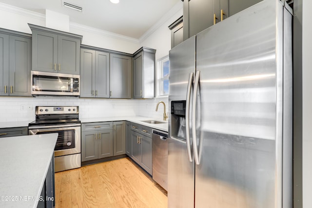 kitchen with sink, ornamental molding, appliances with stainless steel finishes, gray cabinets, and backsplash