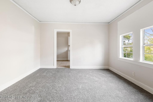 carpeted spare room featuring crown molding