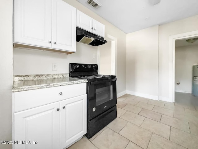 kitchen featuring white cabinetry, light stone counters, light tile patterned floors, black range with electric cooktop, and water heater