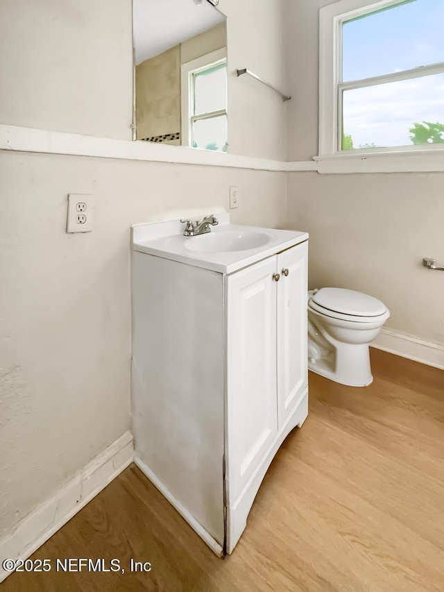 bathroom featuring vanity, wood-type flooring, and toilet