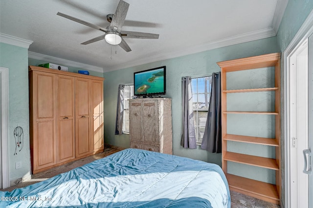 bedroom with crown molding, a textured ceiling, and ceiling fan