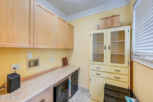 interior space featuring cabinets, ornamental molding, and washer hookup