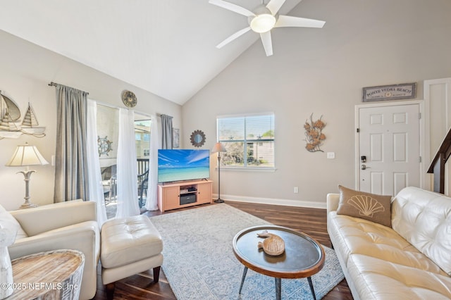 living room with high vaulted ceiling, dark hardwood / wood-style floors, and ceiling fan