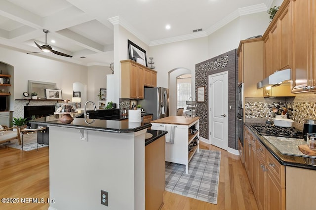 kitchen with ceiling fan, appliances with stainless steel finishes, coffered ceiling, light hardwood / wood-style floors, and kitchen peninsula