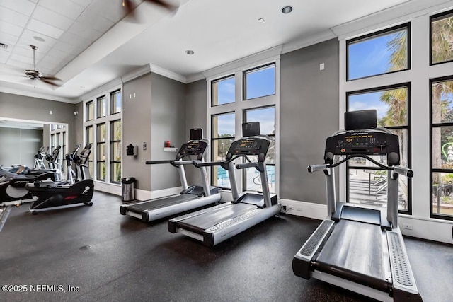 exercise room with ornamental molding, a drop ceiling, and ceiling fan