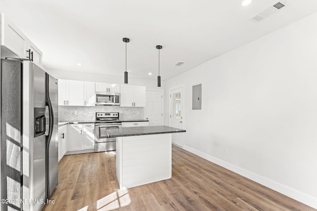 kitchen featuring a kitchen island, appliances with stainless steel finishes, white cabinetry, decorative backsplash, and electric panel