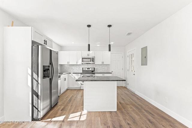 kitchen with white cabinetry, a kitchen island, electric panel, and appliances with stainless steel finishes