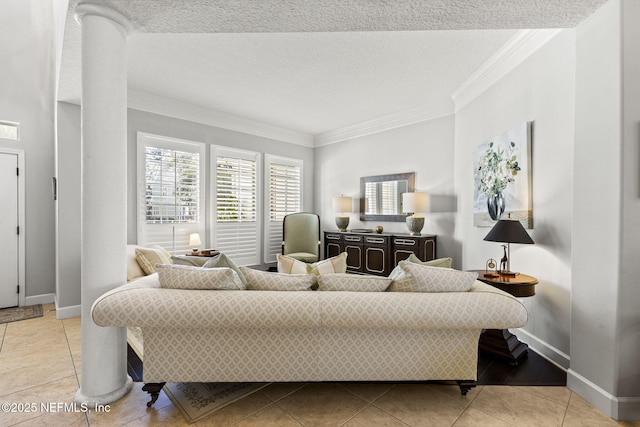 tiled living room with ornamental molding and a textured ceiling