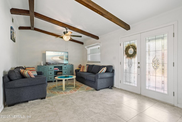 living room with french doors, ceiling fan, light tile patterned floors, and vaulted ceiling with beams