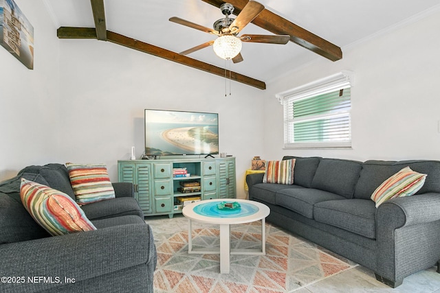 living room featuring ornamental molding, vaulted ceiling with beams, and ceiling fan