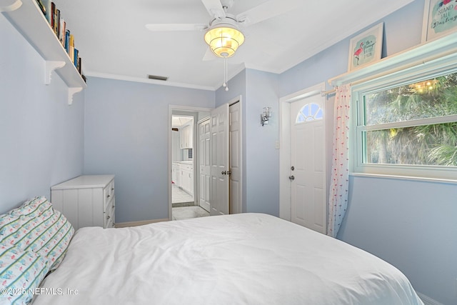 bedroom with crown molding, ceiling fan, and ensuite bathroom