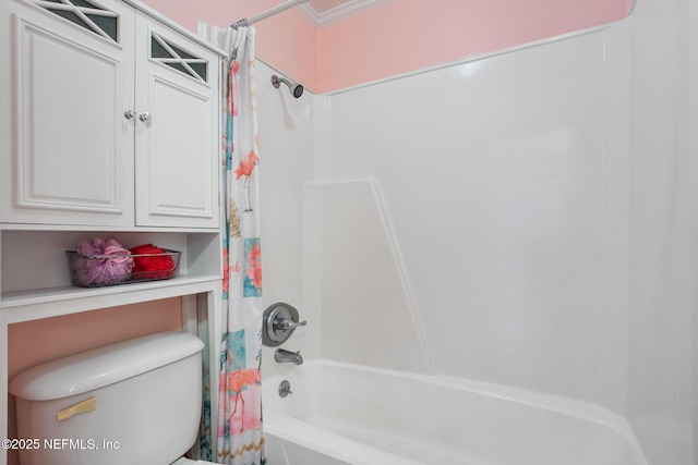 bathroom featuring toilet and shower / bathtub combination with curtain