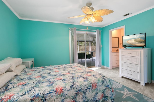 tiled bedroom with crown molding, ceiling fan, and access to exterior