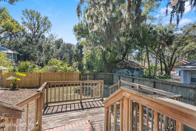 wooden deck with a fenced backyard