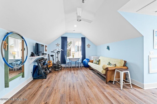 interior space featuring vaulted ceiling, ceiling fan, and light hardwood / wood-style floors