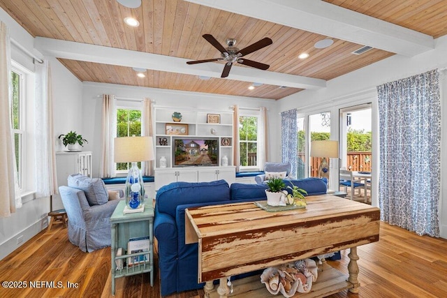 living room with hardwood / wood-style flooring, plenty of natural light, wood ceiling, and beamed ceiling