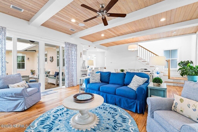 living room with wood ceiling, ceiling fan, beam ceiling, and light hardwood / wood-style flooring