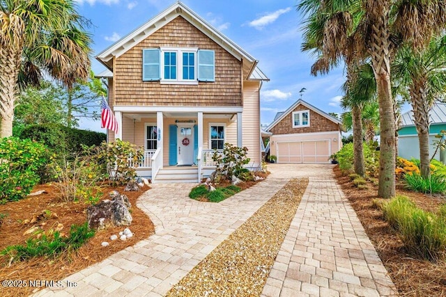 view of front of property featuring a garage, an outdoor structure, and covered porch