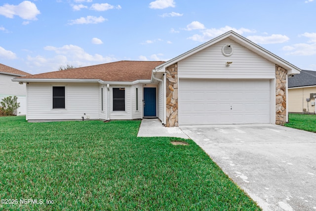 ranch-style home with a garage, a shingled roof, stone siding, driveway, and a front yard