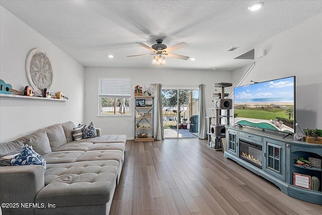 living room featuring ceiling fan, hardwood / wood-style floors, and a textured ceiling