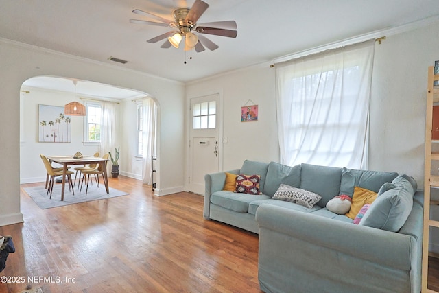 living room featuring crown molding, wood-type flooring, and ceiling fan