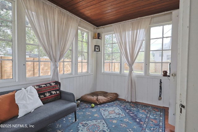 sunroom with wood ceiling