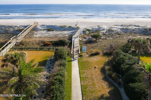 bird's eye view with a view of the beach and a water view