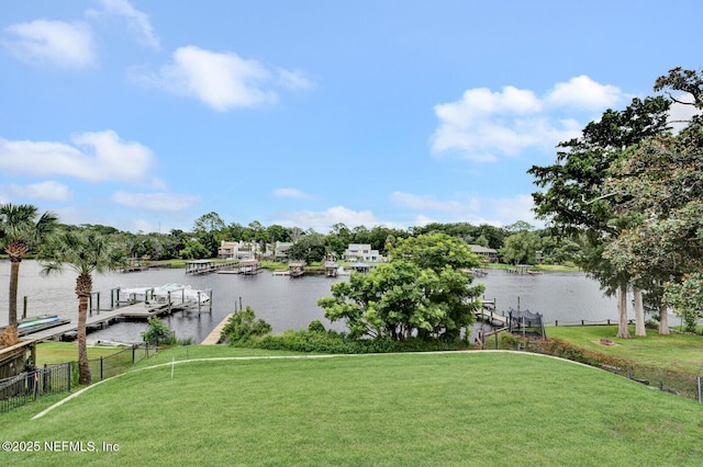 view of water feature with a boat dock