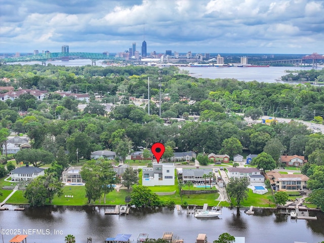 aerial view featuring a water view