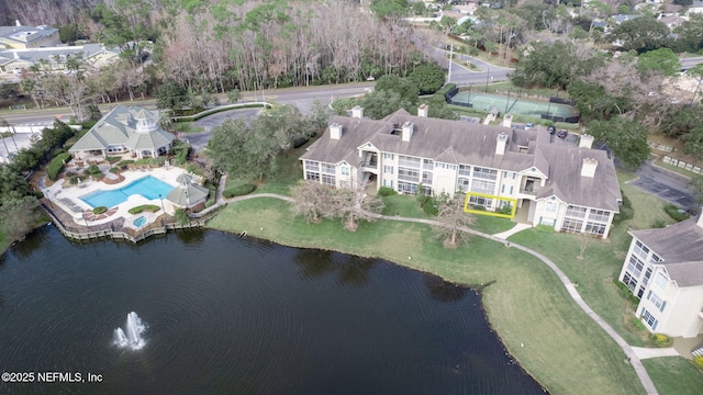 drone / aerial view featuring a water view