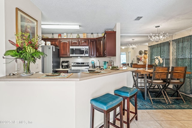 kitchen with pendant lighting, stainless steel appliances, kitchen peninsula, and a breakfast bar area