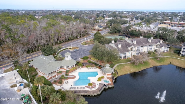 birds eye view of property featuring a water view