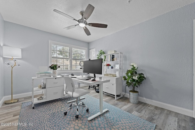 office area featuring a textured ceiling, a textured wall, light wood finished floors, and baseboards