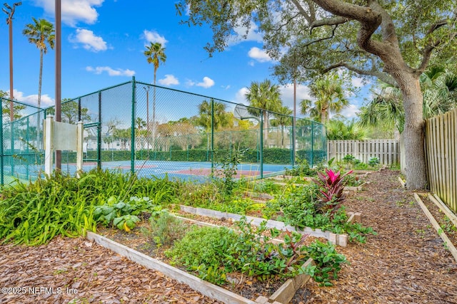 view of sport court featuring community basketball court, a vegetable garden, and fence