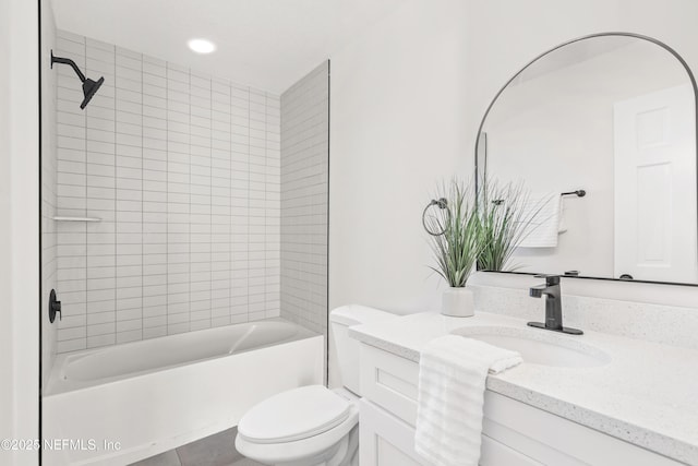 full bathroom with shower / bathing tub combination, vanity, toilet, and recessed lighting