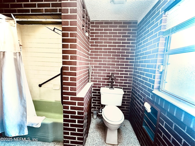 bathroom with shower / tub combo, a textured ceiling, and toilet