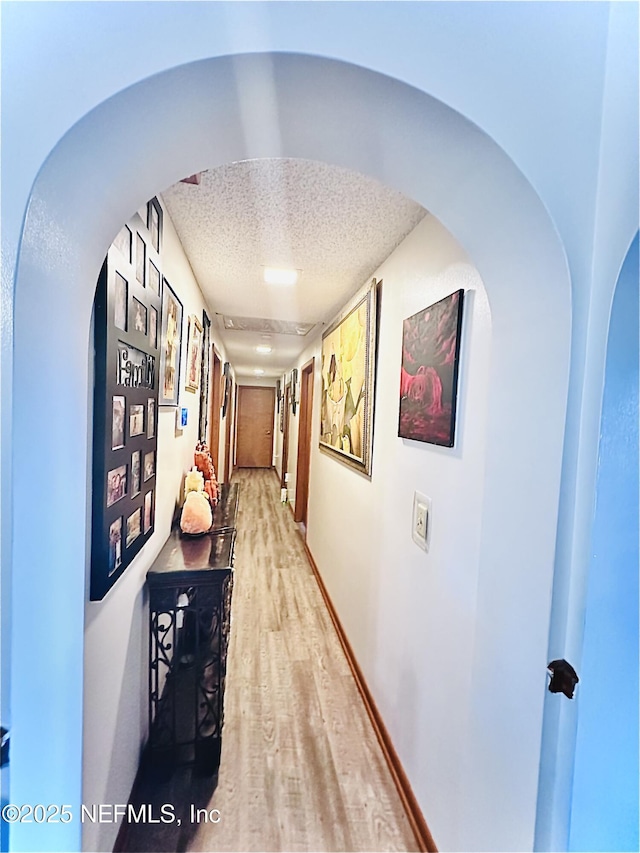 corridor featuring wood-type flooring and a textured ceiling