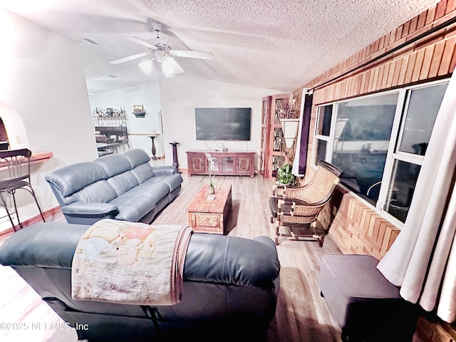 living room featuring ceiling fan, vaulted ceiling, light hardwood / wood-style floors, and a textured ceiling