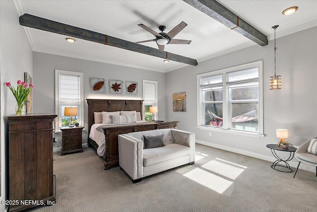 carpeted bedroom featuring crown molding, ceiling fan, beam ceiling, and a textured ceiling