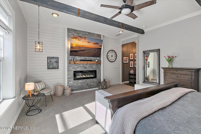 carpeted bedroom featuring beamed ceiling, ornamental molding, and wood walls