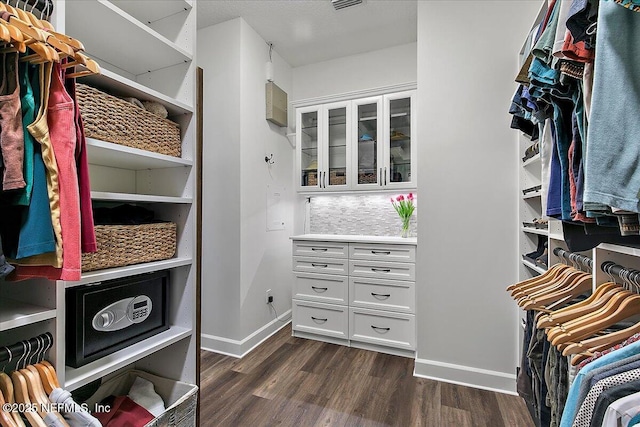 spacious closet featuring dark hardwood / wood-style floors