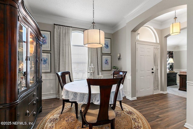 dining space with ornamental molding, dark hardwood / wood-style floors, and a textured ceiling