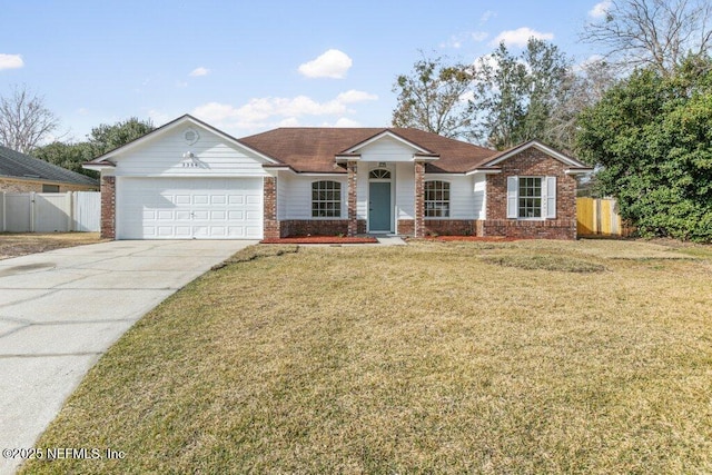 single story home with a garage and a front lawn