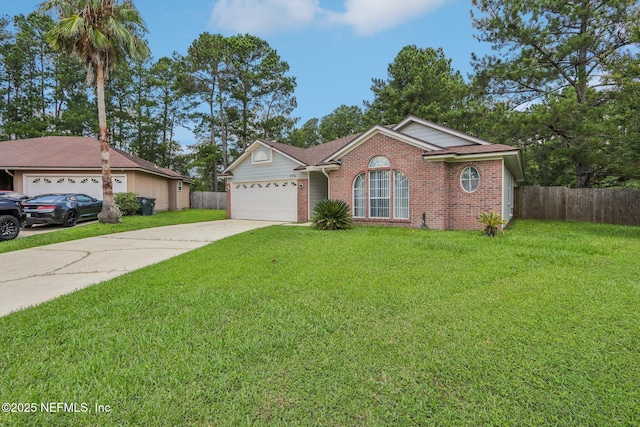 single story home with a garage and a front lawn