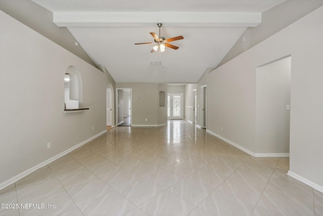 spare room featuring lofted ceiling with beams and ceiling fan