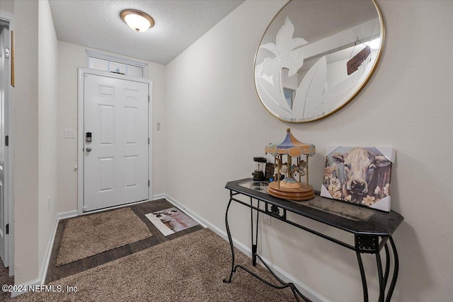 foyer with carpet floors and a textured ceiling