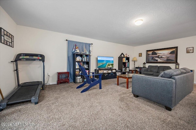 living room with a textured ceiling and carpet flooring