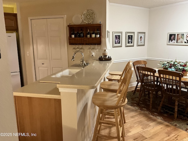 bar with crown molding, sink, and light wood-type flooring